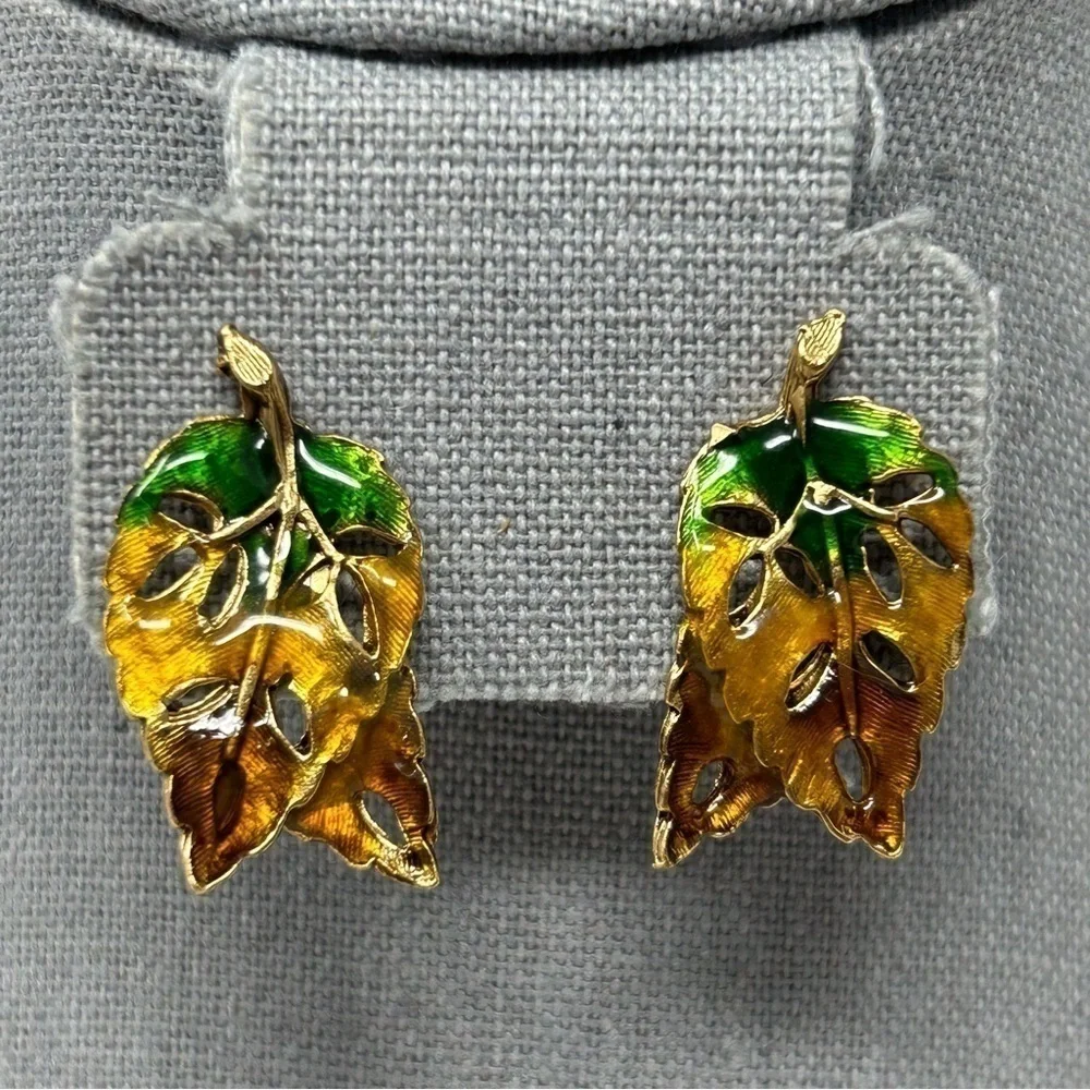 Small Green and Brown Multicolor Enamel Leaf Stud Earrings Fall Foliage